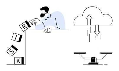 Man tipping risk blocks while balancing scale and cloud indicating decision-making, risk management, and data efficiency. Ideal for business, planning, safety, strategy, innovation, simplicity