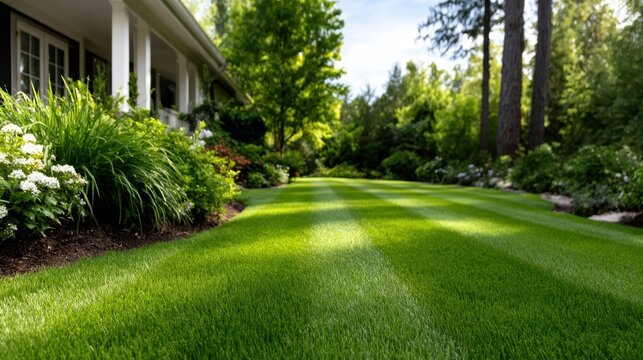 A vibrant view of a well-manicured lawn bordered by blooming flowers, captured in a sunlit setting that highlights the beauty of landscaping and nature.