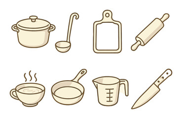 Kitchen utensils illustration with pot, ladle, and cutting board on brown background