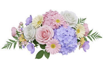 A beautiful floral arrangement of pastel roses and blue hydrangeas with fresh fern leaves. This gentle and romantic centerpiece design is perfect for wedding or event decor.