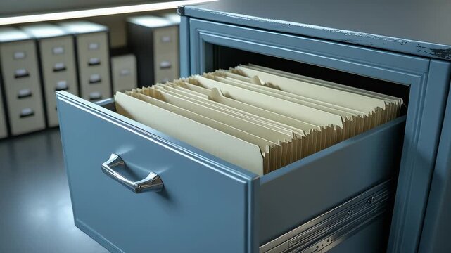 Open metal file cabinet drawer filled with organized manila folders inside office archive storage room with multiple filing cabinets