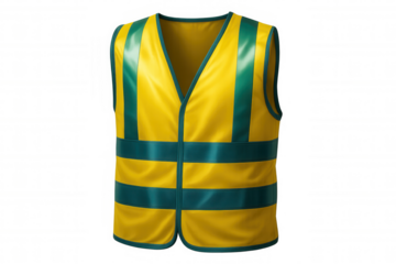 Reflective safety vest highlighting fluorescent yellow-green stripes, maximizing worker visibility against transparent backdrop for construction safety