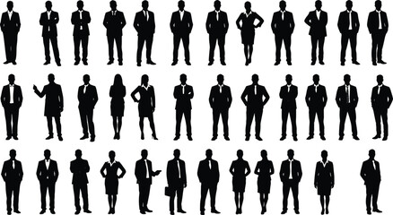 Business people silhouettes, corporate team vector, black professional icons, office staff figures, formal suit poses, business attire illustration, teamwork design elements