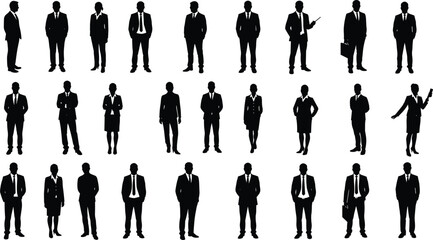 Business people silhouettes, corporate team vector, black professional icons, office staff figures, formal suit poses, business attire illustration, teamwork design elements