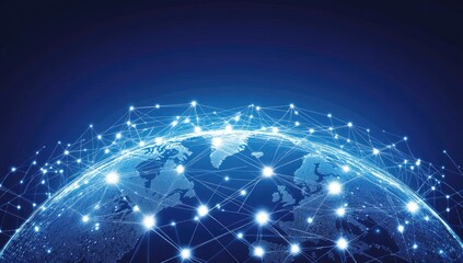 Global network interconnected Earth.  A stylized representation of the Earth, overlaid with a network of interconnected lines and points of light. 