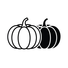Two stylized pumpkins one outlined and one solid black on a white background