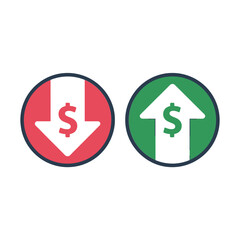 Two circular icons showing a dollar sign with an upward arrow and a downward arrow