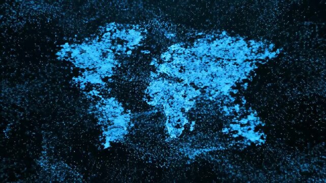 Abstract Particle Logo Transforming into World Map - A vibrant blue particle cloud morphs and reforms, initially shaping a logo then transitioning into a world map.