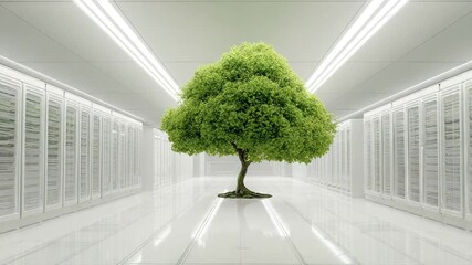 Digital Oasis: A vibrant, flourishing tree stands inside a high-tech data center. An eye-catching combination of nature and technology. - Powered by Adobe