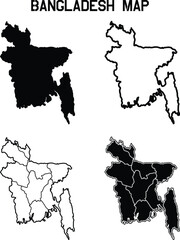 High-quality Bangladesh map vector set featuring solid, outline, and division maps. Perfect for educational, infographic, and graphic design projects.