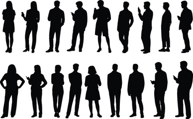 Silhouettes of diverse men and women using smartphones, standing, talking, texting, digital lifestyle, technology communication, casual wear, isolated figures