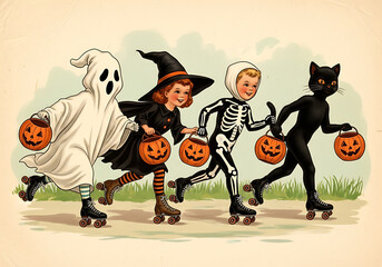 Vintage halloween illustration of children in costumes roller skating with pumpkin candy buckets