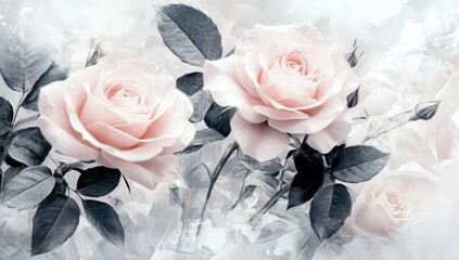 Fototapeta premium Delicate, pastel pink roses in a soft, grayscale background