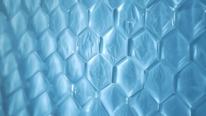 Close up of textured blue glass with a honeycomb pattern