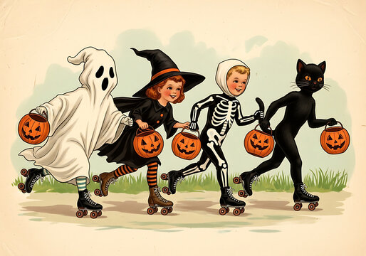 Vintage halloween illustration of children in costumes roller skating with pumpkin candy buckets