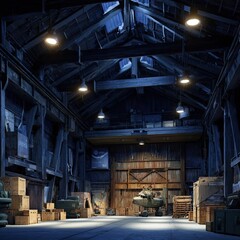 Dark, spacious warehouse interior at night.  Wooden beams, crates, and equipment fill the vast space.  Soft, ambient lighting
