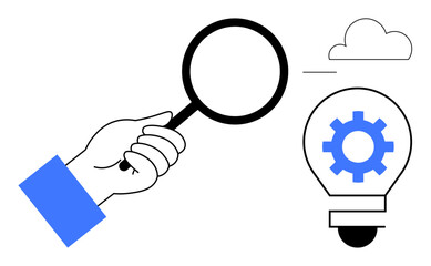 Hand holding magnifying glass examining light bulb with gear icon, representing innovation. Ideal for technology, problem-solving, research, creativity, analysis, brainstorming productivity. A