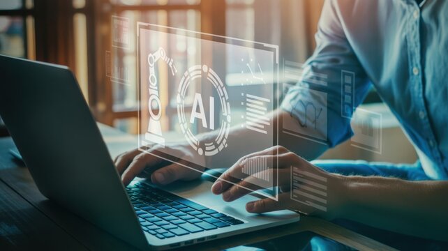 Person with an "AI" Icon on Laptop, artificial intelligence and modern technology, business automation.