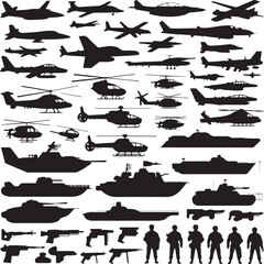 Diverse array of military aircraft helicopters tanks ships and firearms silhouettes airplane chopper