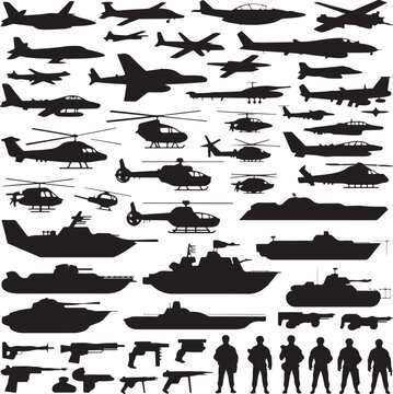 Diverse array of military aircraft helicopters tanks ships and firearms silhouettes airplane chopper