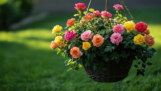 A vibrant hanging basket overflowing with colorful roses.  A variety of rosy hues, including pinks, oranges, and yellows, adorn the basket. - Powered by Adobe