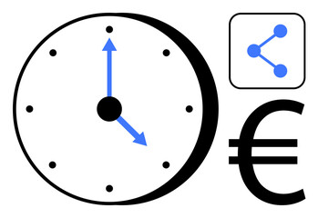 Clock with blue arrows marking time, Euro symbol for finance, and connection nodes for networking. Ideal for productivity, time management, connection, teamwork, economy, finance simple landing page