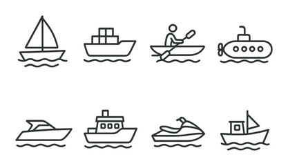 Set of eight nautical icons: sailboat, cargo ship, canoe, submarine, yacht, ferry, jet ski, fishing boat
