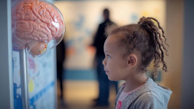 Young childs fascinated face lights up while engaging with the brain area of a lifesize interactive body model commemorating 150 years of health system milestones blurred peers