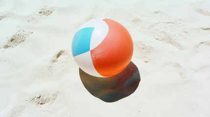 Obraz premium Colorful beach ball on a sandy beach. Bright playful object casts shadowed fun.