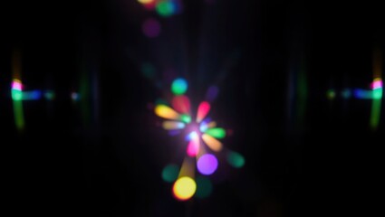 Blurred rainbow refraction overlay effect. Light lens prism effect on black background. Holographic reflection, crystal flare leak shadow overlay. Colorful rainbow disco ball light