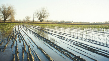 Flooded farm field with young crops stretching into the distance. Bright sunlight illuminates the water and green vegetation.