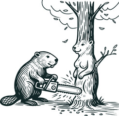 Beaver carving a wooden sculpture of his girlfriend with a chainsaw, engraving style, vector illustration