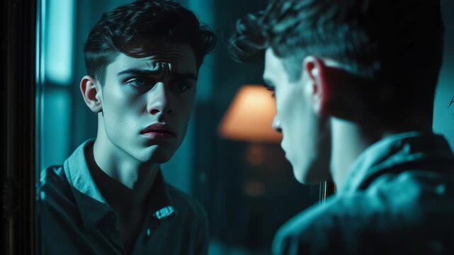 Young man staring into mirror with serious expression under moody blue lighting inside dimly lit room creating dramatic cinematic portrait