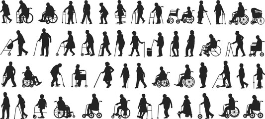 Silhouettes of Elderly People Using Walkers, Canes, Wheelchairs, Mobility Assistance Devices, Senior Citizens Health Care, Isolated Vector Set for Medical Use