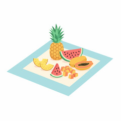 Colorful flat vector illustration of a tropical fruit platter with pineapple watermelon papaya and mango cubes.