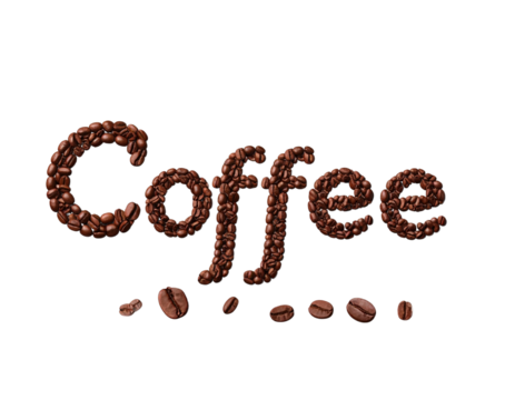Coffee word written with coffee beans on transparent