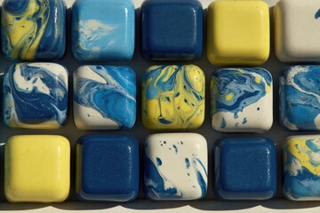 Square, colorful, marbled chocolates arranged in a grid pattern.