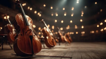 Defocused symphony stage with string instruments glowing under soft light