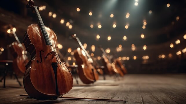 Defocused symphony stage with string instruments glowing under soft light