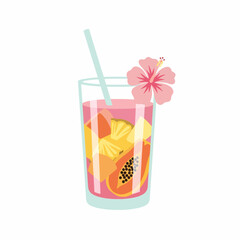 Refreshing Tropical Fruit Cocktail with Hibiscus Flower Decoration.