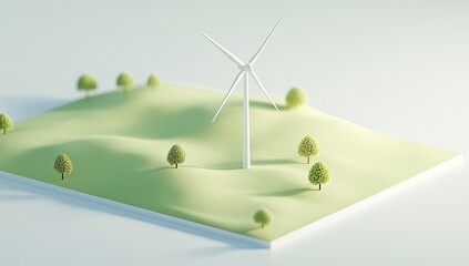 Stylized 3D rendering of a grassy hilltop with a wind turbine and small trees.  A light-green grassy plain with gentle hills. A white wind turbine stands on the elevated land. 