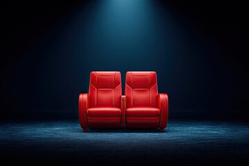 Empty red movie theater seats under spotlight