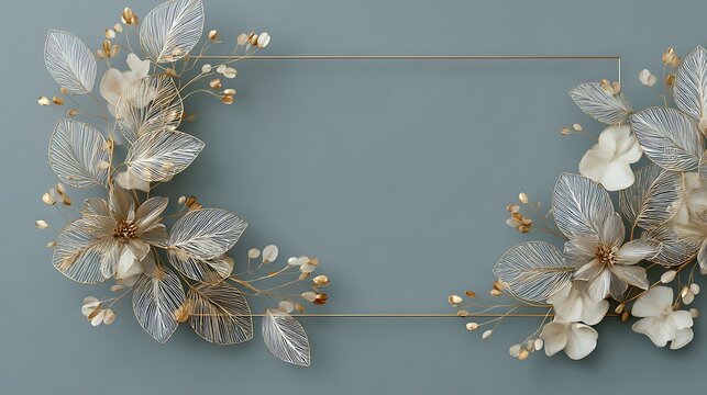 Elegant square frame adorned with sparkling silver and gold foliage against a muted blue background
