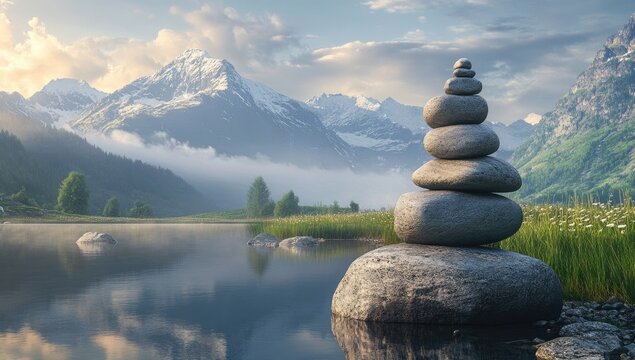 Serene mountain lake with stacked stones. Misty morning light reflecting on calm water, with snow-capped peaks in the distance - Powered by Adobe