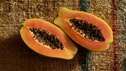 Papaya Halves with Seeds on a Woven Mat. Ai gen.
