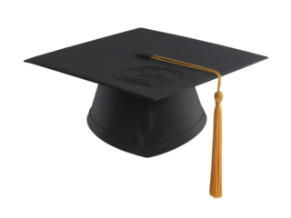 Black Graduation Cap with Gold Tassel and Emblem on Transparent Background