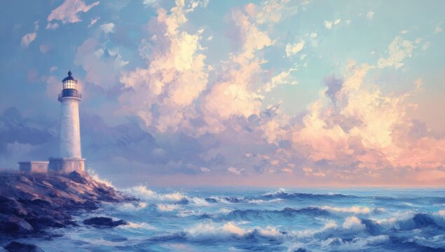 Pastel lighthouse at sunset over a rocky coast