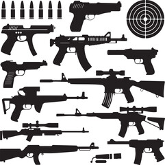 Assortment of Handgun and Rifle Silhouettes with Ammunition and Target pistol shotgun