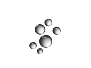 Cluster of five clear water droplets on black background