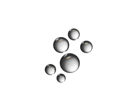 Cluster of five clear water droplets on black background